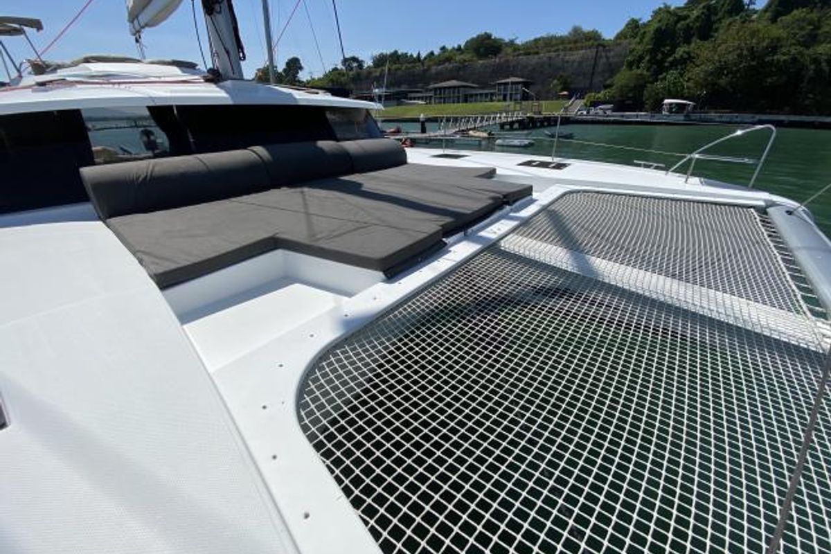 Deck of Lola 2, a Fountaine Pajot Saona 47 catamaran at Mai Khao, Thailand