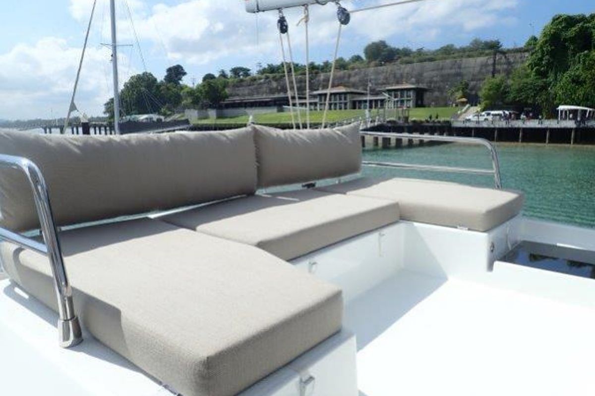 Deck of Lola 2, a Fountaine Pajot Saona 47 catamaran at Mai Khao, Thailand