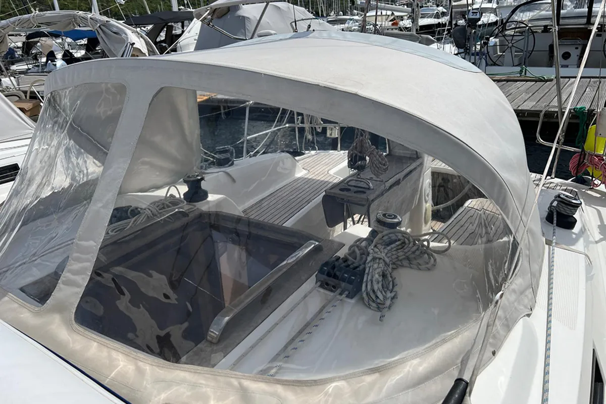 Deck of Pulenat, a Bavaria Cruiser 33 sailboat at Punat, Croatia