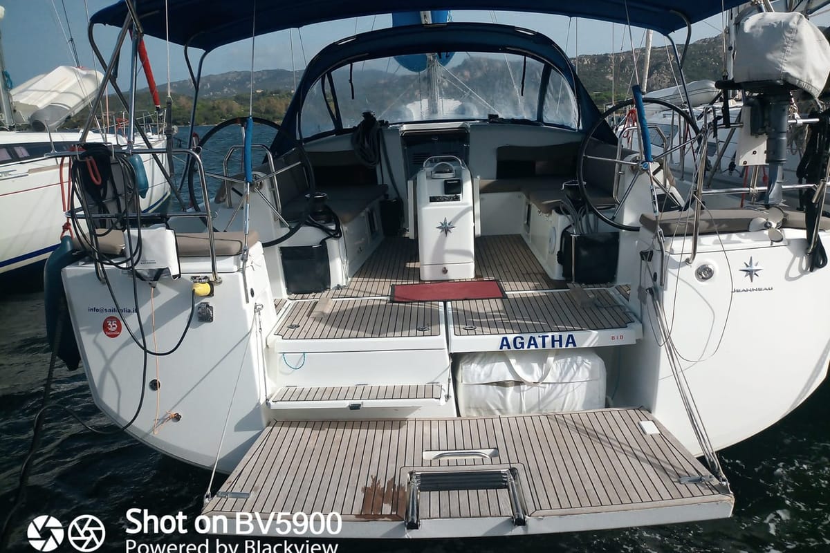 Deck of Agatha, a Jeanneau Sun Odyssey 490 sailboat at Cannigione, Italy