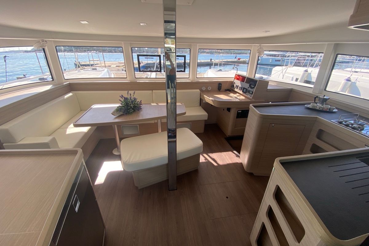Salon of Copernicus II, a Lagoon 42 catamaran at Olbia, Italy