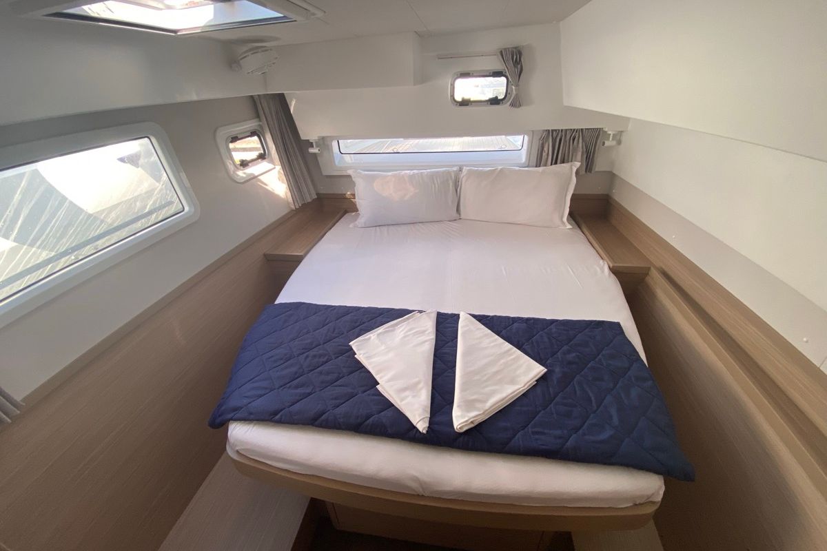 Cabin on Copernicus II, a Lagoon 42 catamaran at Olbia, Italy