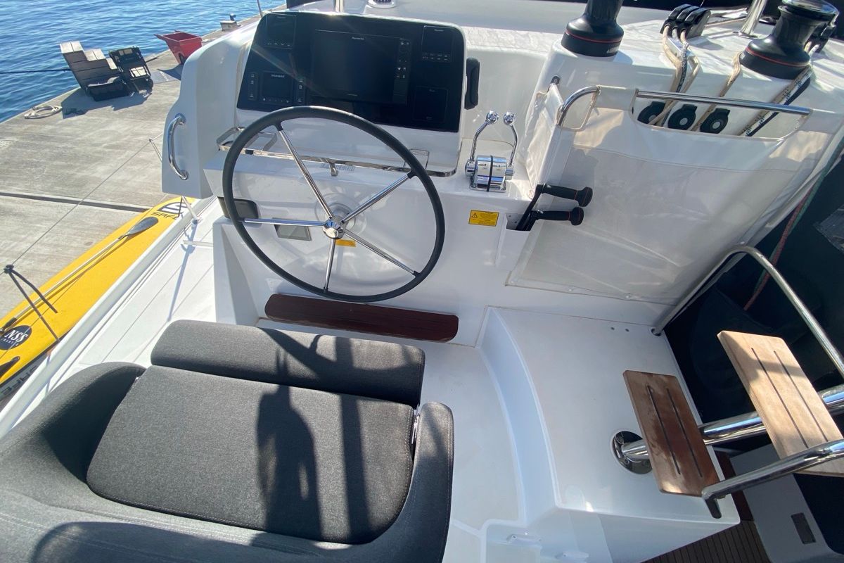 Cockpit of Copernicus II, a Lagoon 42 catamaran at Olbia, Italy