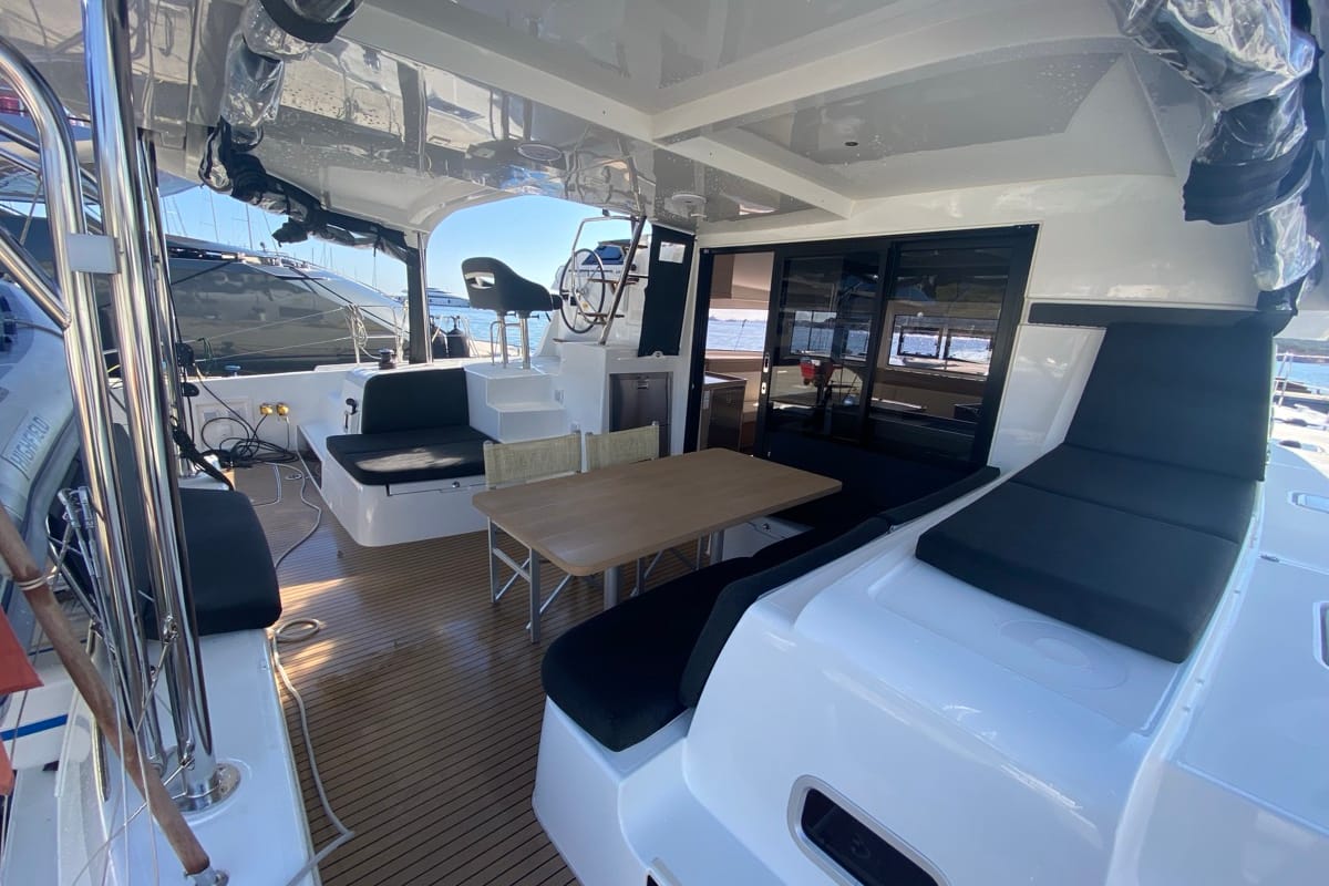 Deck of Copernicus II, a Lagoon 42 catamaran at Olbia, Italy