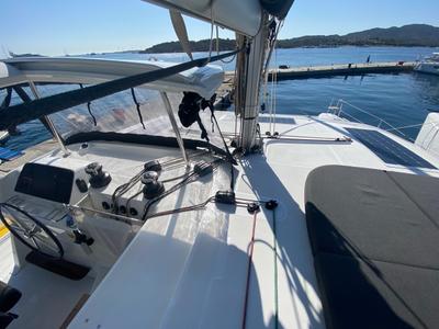 Cockpit of Copernicus II, a Lagoon 42 catamaran at Olbia, Italy