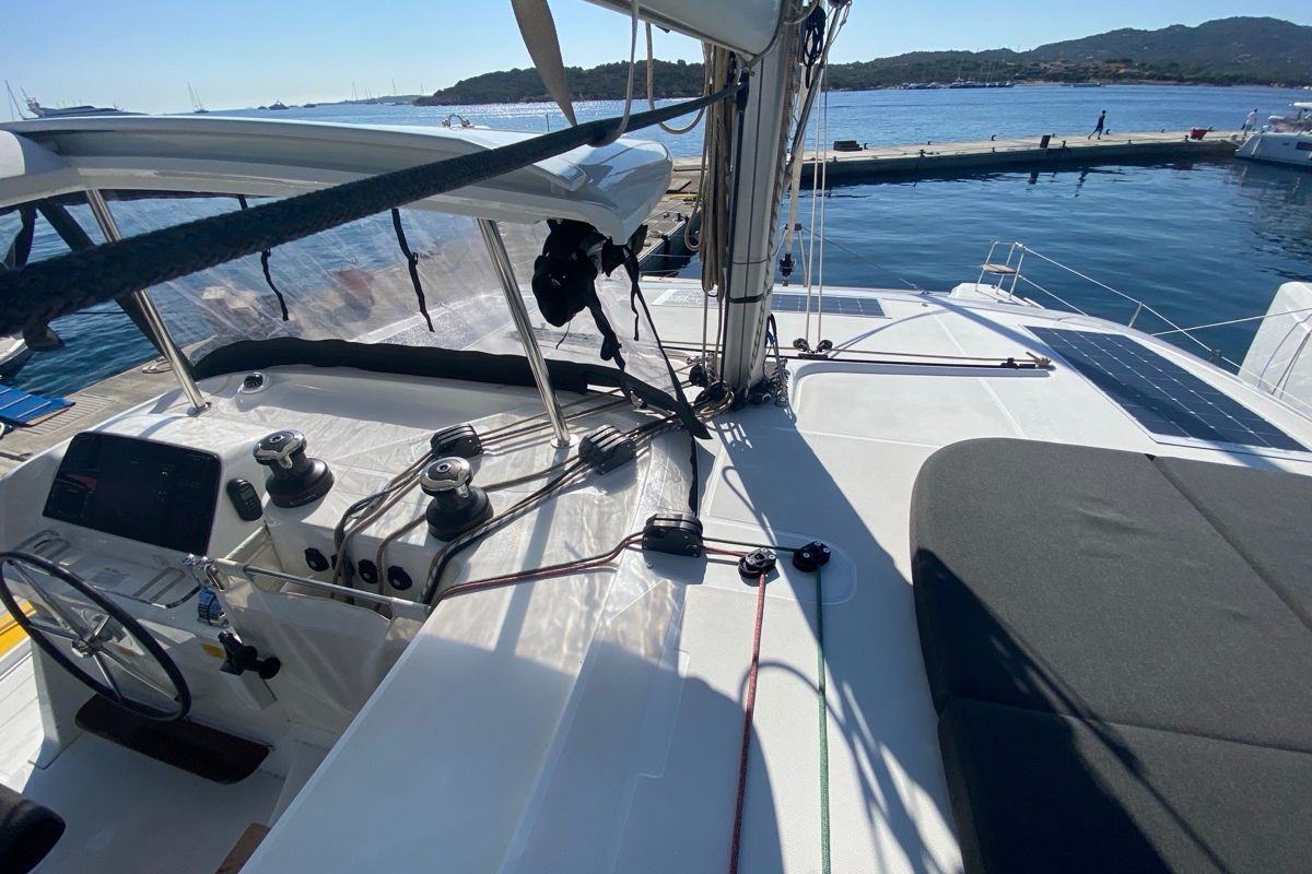 Cockpit of Copernicus II, a Lagoon 42 catamaran at Olbia, Italy