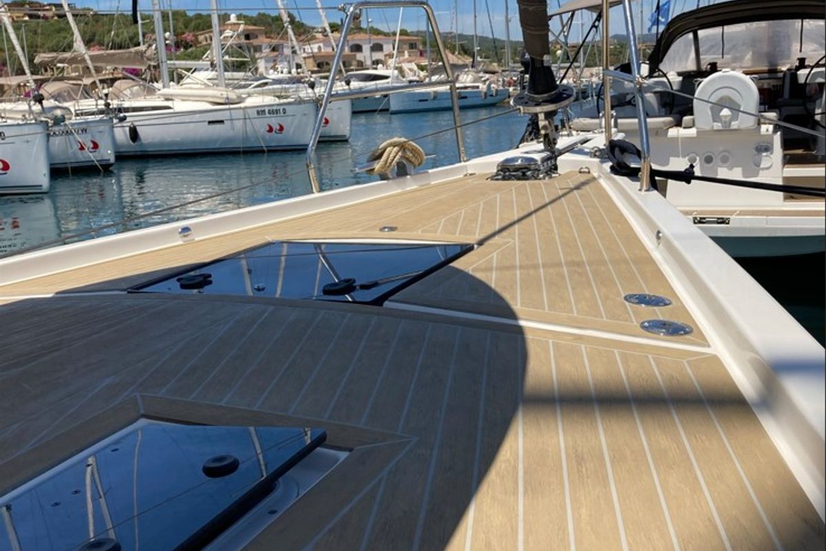 Deck of Nakupenda, a Dufour 56 Exclusive sailboat at Olbia, Italy
