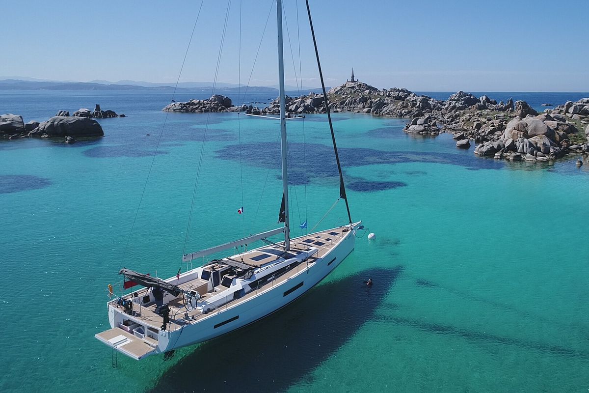 Exterior view of Nakupenda, a Dufour 56 Exclusive sailboat at Olbia, Italy