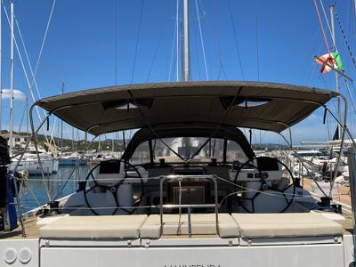 Cockpit of Nakupenda, a Dufour 56 Exclusive sailboat at Olbia, Italy
