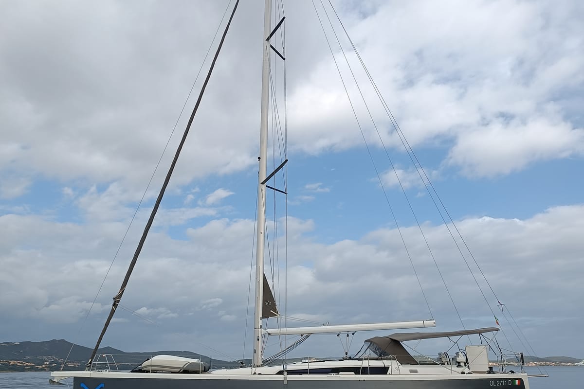 Exterior view of Nakupenda, a Dufour 56 Exclusive sailboat at Olbia, Italy