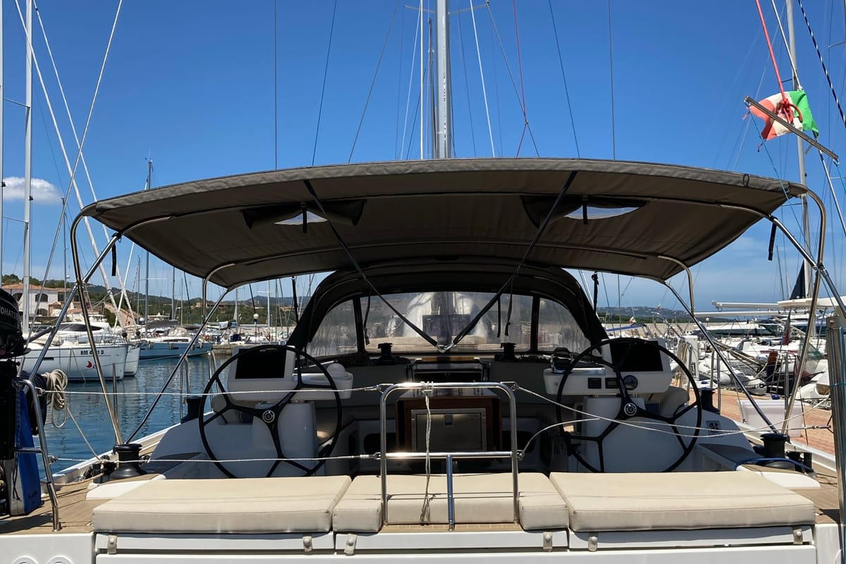 Exterior view of Nakupenda, a Dufour 56 Exclusive sailboat at Olbia, Italy