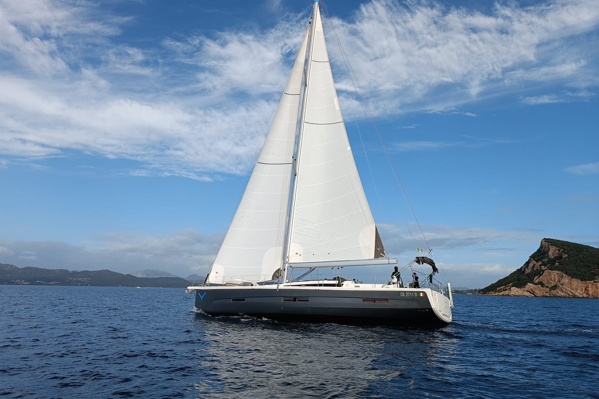Exterior view of Nakupenda, a Dufour 56 Exclusive sailboat at Olbia, Italy