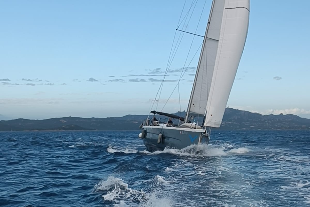 Exterior view of Nakupenda, a Dufour 56 Exclusive sailboat at Olbia, Italy