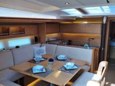 Salon of Nakupenda, a Dufour 56 Exclusive sailboat at Olbia, Italy
