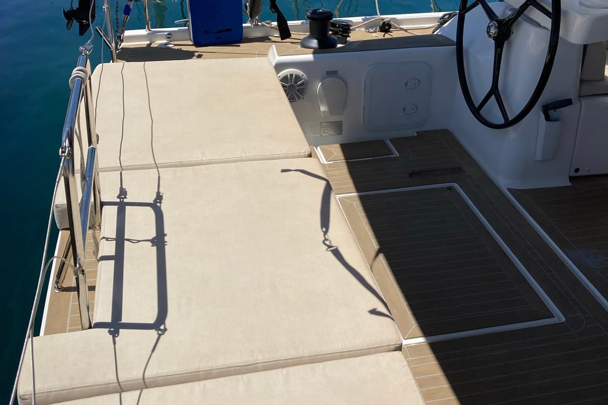 Deck of Nakupenda, a Dufour 56 Exclusive sailboat at Olbia, Italy