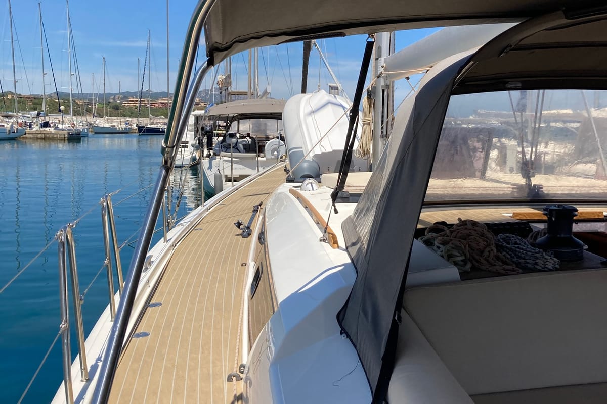 Deck of Nakupenda, a Dufour 56 Exclusive sailboat at Olbia, Italy