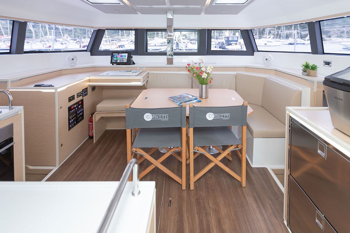 Salon of Kajsa Kavat, a Cervetti 44 catamaran at Primošten, Croatia