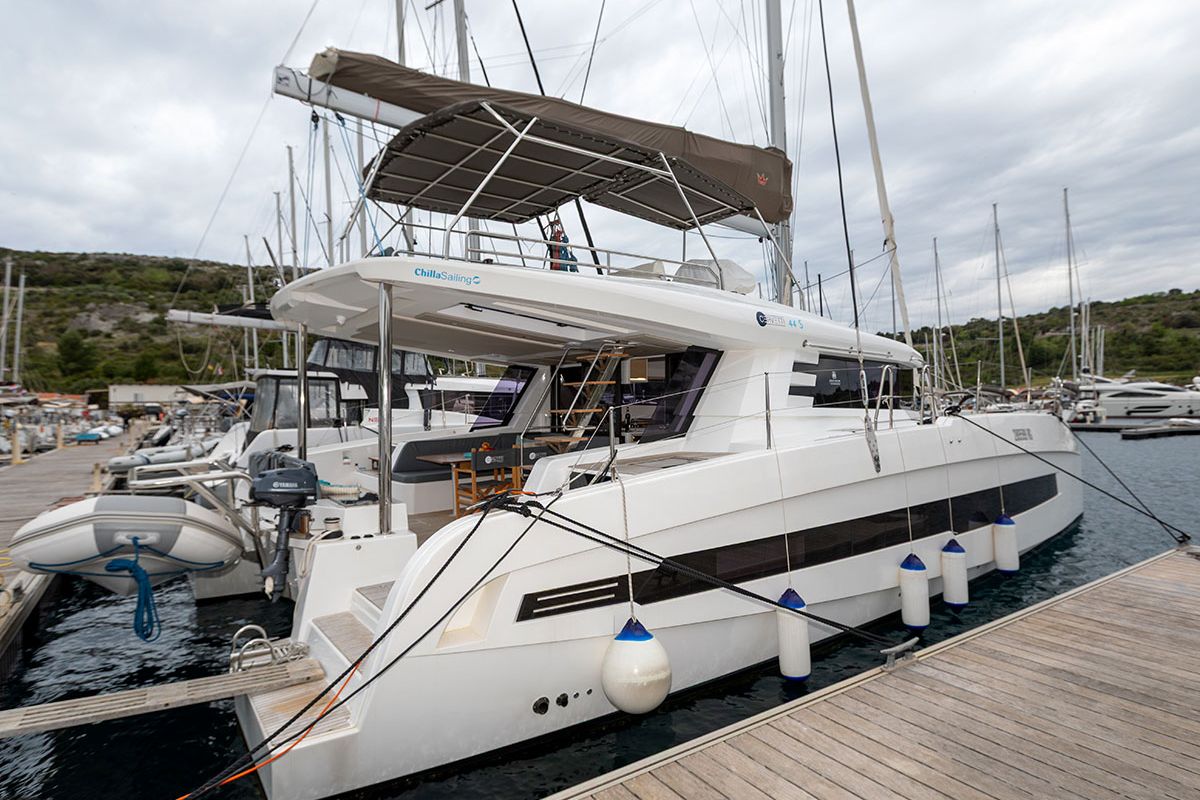 Exterior view of Kajsa Kavat, a Cervetti 44 catamaran at Primošten, Croatia