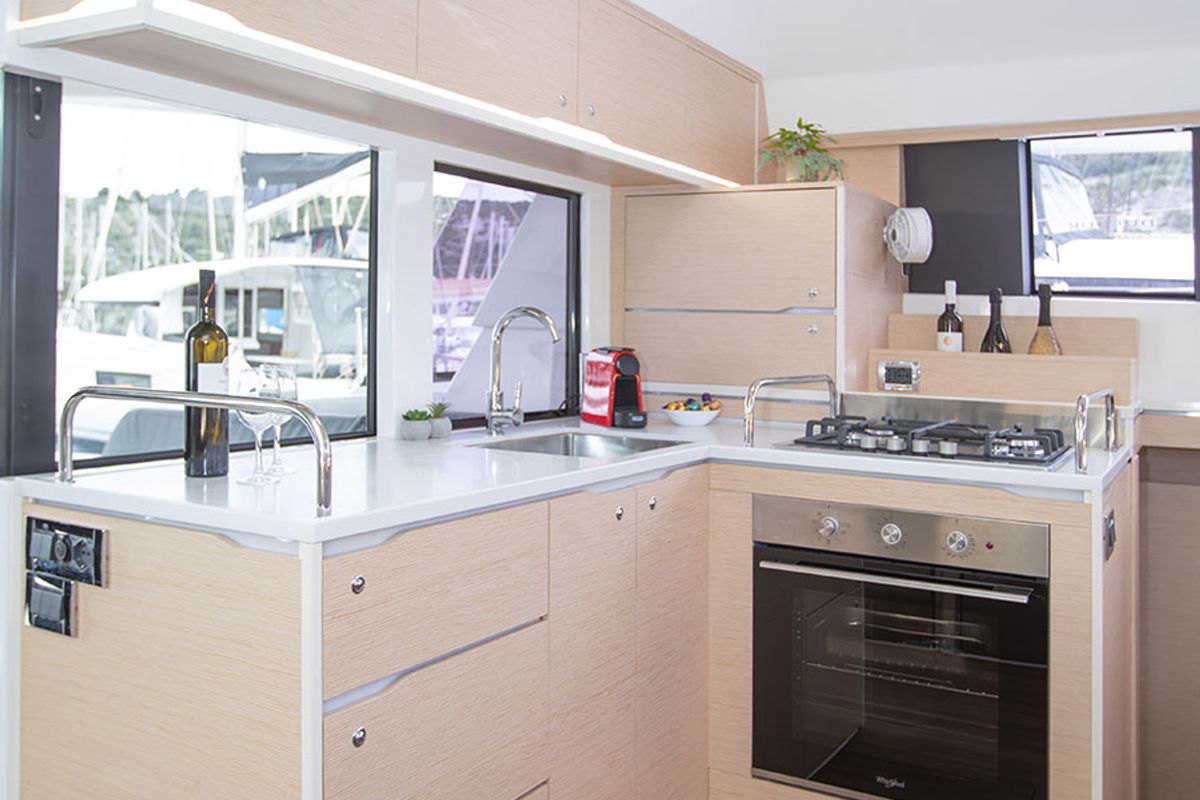 Galley of Kajsa Kavat, a Cervetti 44 catamaran at Primošten, Croatia