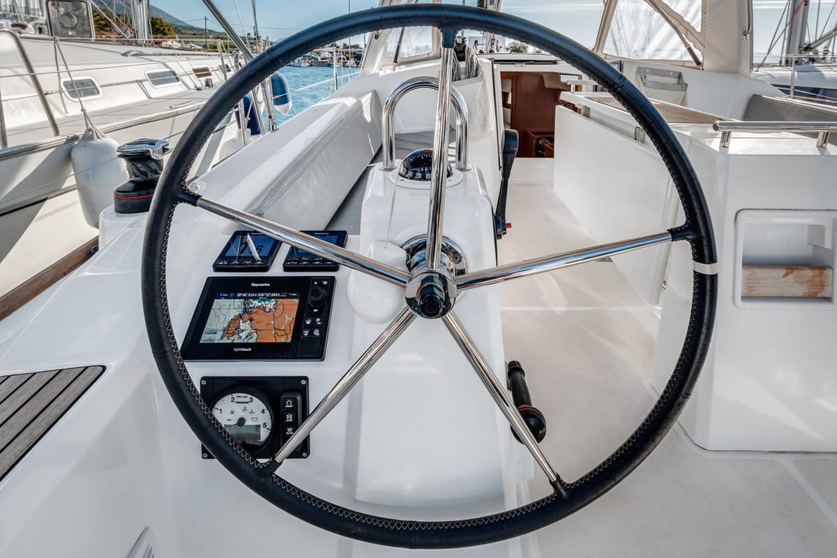 Cockpit of Harmonia, a Beneteau Oceanis 38.1 sailboat at Kontokali, Greece