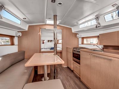 Salon of Harmonia, a Beneteau Oceanis 38.1 sailboat at Kontokali, Greece