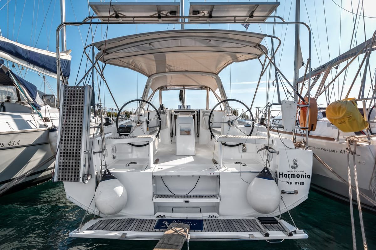 Deck of Harmonia, a Beneteau Oceanis 38.1 sailboat at Kontokali, Greece