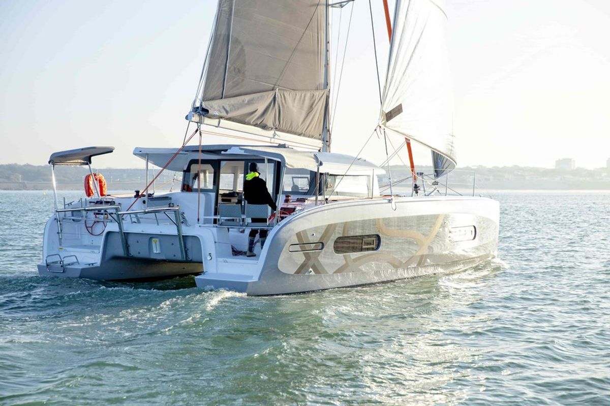 Exterior view of Carmelina, a Excess 11 catamaran at Fethiye, Turkey