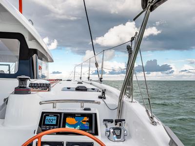 Cockpit of Carmelina, a Excess 11 catamaran at Fethiye, Turkey