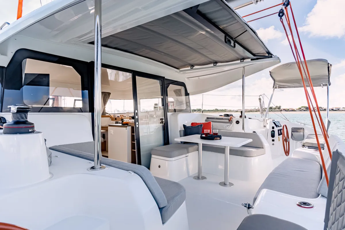 Deck of Carmelina, a Excess 11 catamaran at Fethiye, Turkey