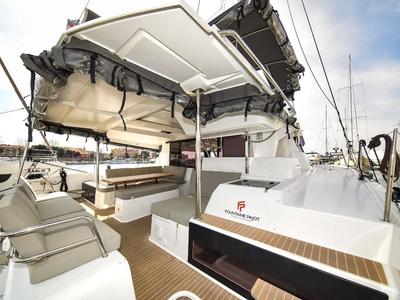 Deck of Le Bart, a Fountaine Pajot Astréa 42 catamaran at Radovići, Montenegro