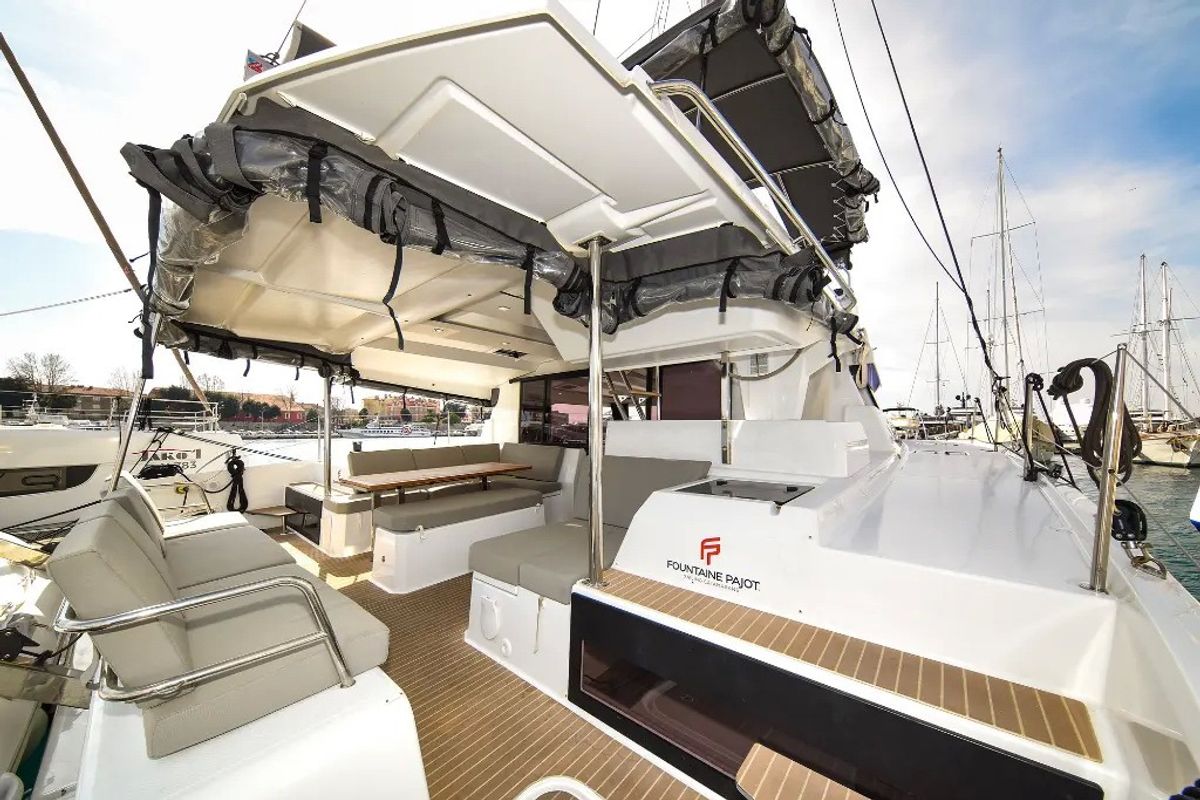 Deck of Le Bart, a Fountaine Pajot Astréa 42 catamaran at Radovići, Montenegro