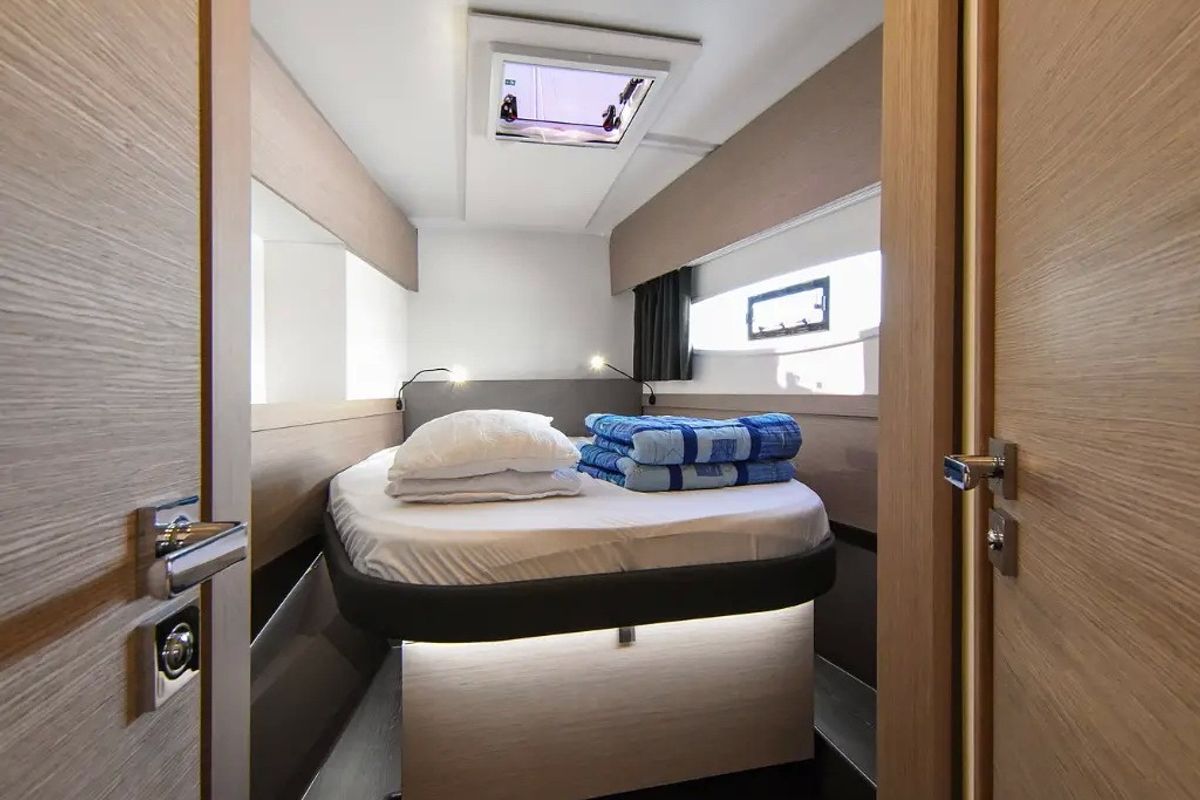 Cabin on Le Bart, a Fountaine Pajot Astréa 42 catamaran at Radovići, Montenegro