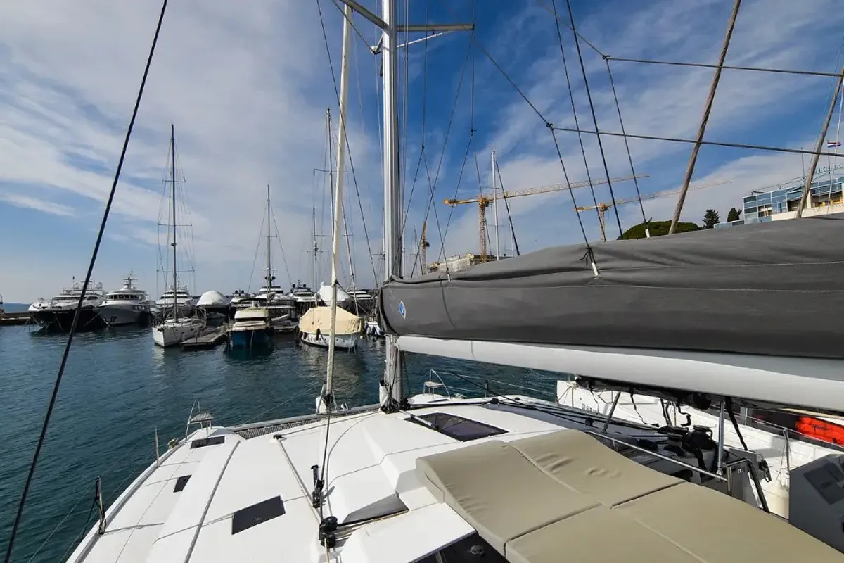 Exterior view of Le Bart, a Fountaine Pajot Astréa 42 catamaran at Radovići, Montenegro
