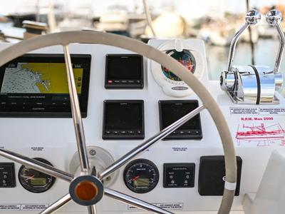 Cockpit of Le Bart, a Fountaine Pajot Astréa 42 catamaran at Radovići, Montenegro