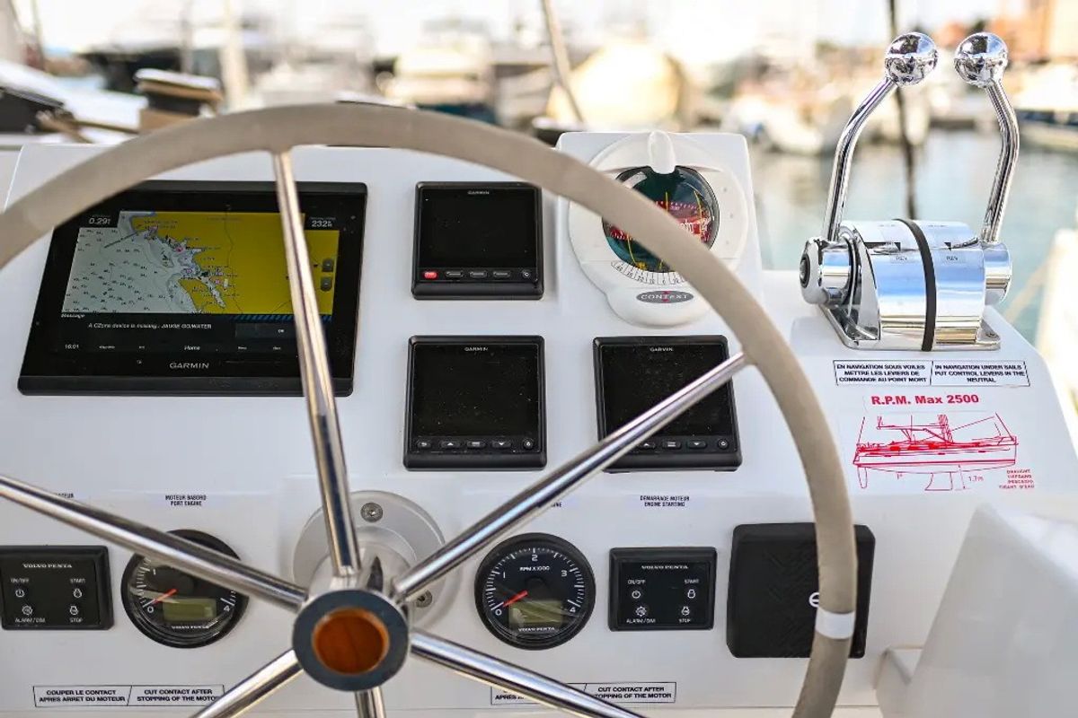 Cockpit of Le Bart, a Fountaine Pajot Astréa 42 catamaran at Radovići, Montenegro
