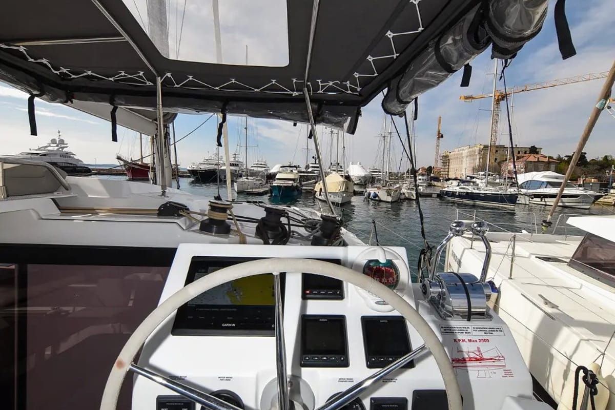 Cockpit of Le Bart, a Fountaine Pajot Astréa 42 catamaran at Radovići, Montenegro
