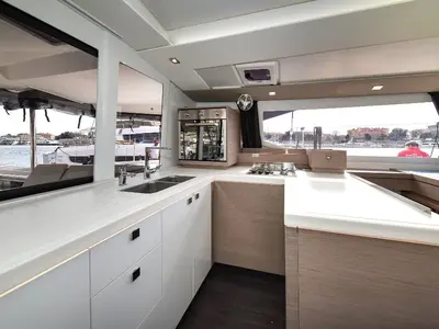 Galley of Le Bart, a Fountaine Pajot Astréa 42 catamaran at Radovići, Montenegro