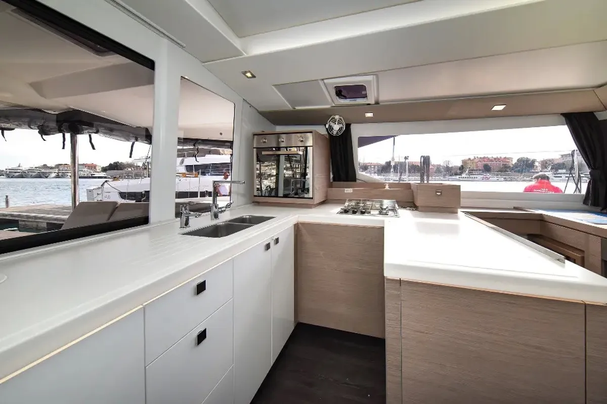 Galley of Le Bart, a Fountaine Pajot Astréa 42 catamaran at Radovići, Montenegro