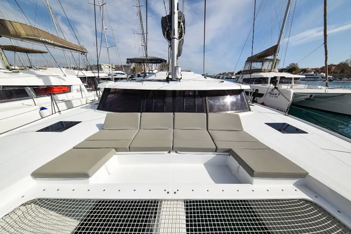 Deck of Le Bart, a Fountaine Pajot Astréa 42 catamaran at Radovići, Montenegro