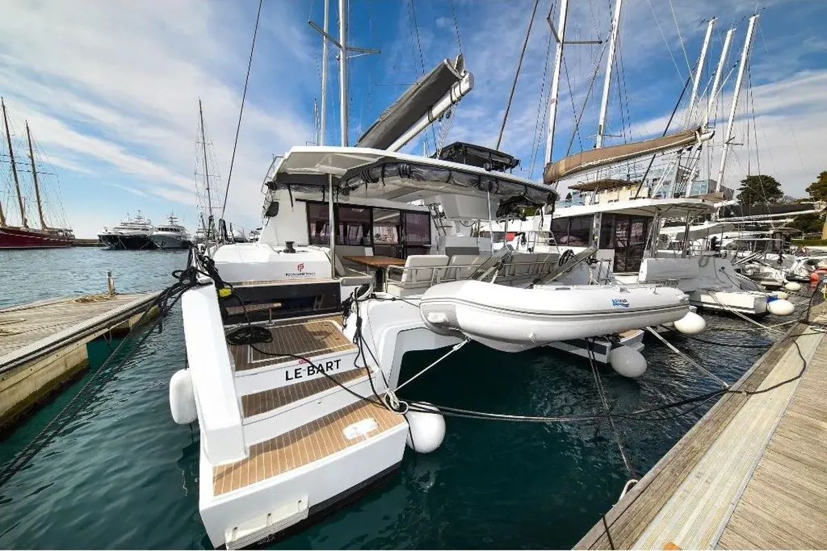 Salon of Le Bart, a Fountaine Pajot Astréa 42 catamaran at Radovići, Montenegro