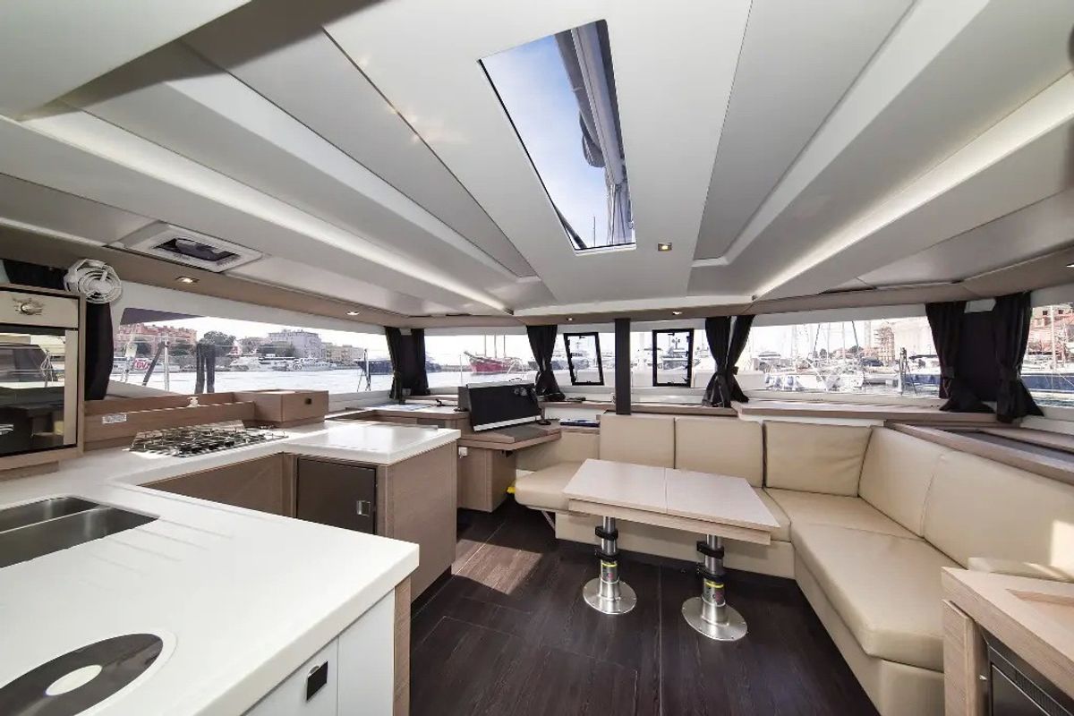 Salon of Le Bart, a Fountaine Pajot Astréa 42 catamaran at Radovići, Montenegro