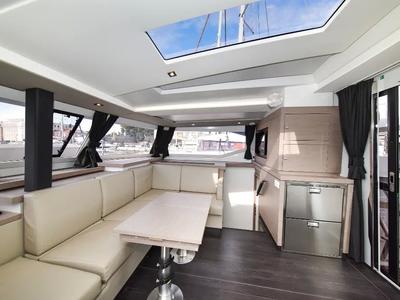Salon of Le Bart, a Fountaine Pajot Astréa 42 catamaran at Radovići, Montenegro