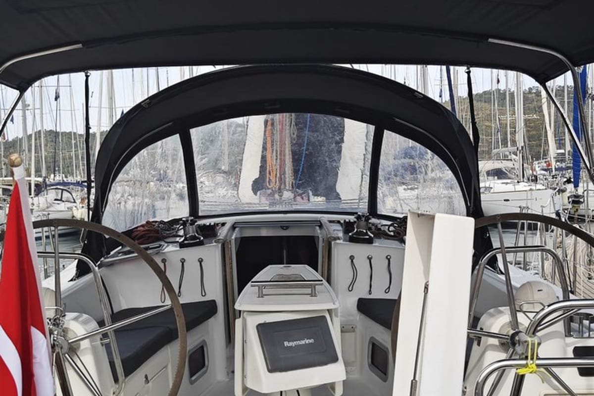 Cockpit of Violet, a Beneteau Oceanis 40 sailboat at Fethiye, Turkey