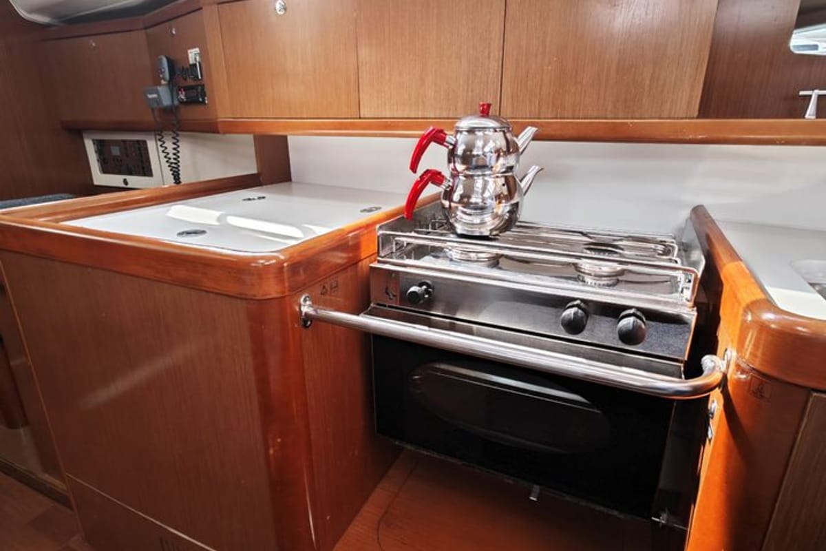 Galley of Violet, a Beneteau Oceanis 40 sailboat at Fethiye, Turkey
