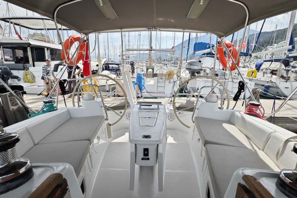 Cockpit of Violet, a Beneteau Oceanis 40 sailboat at Fethiye, Turkey