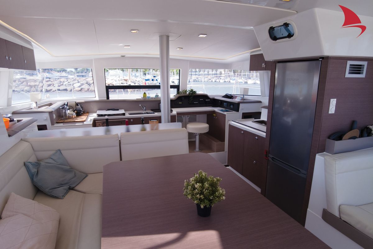 Salon of Jane, a Bali 4.1 catamaran at Hyères, France