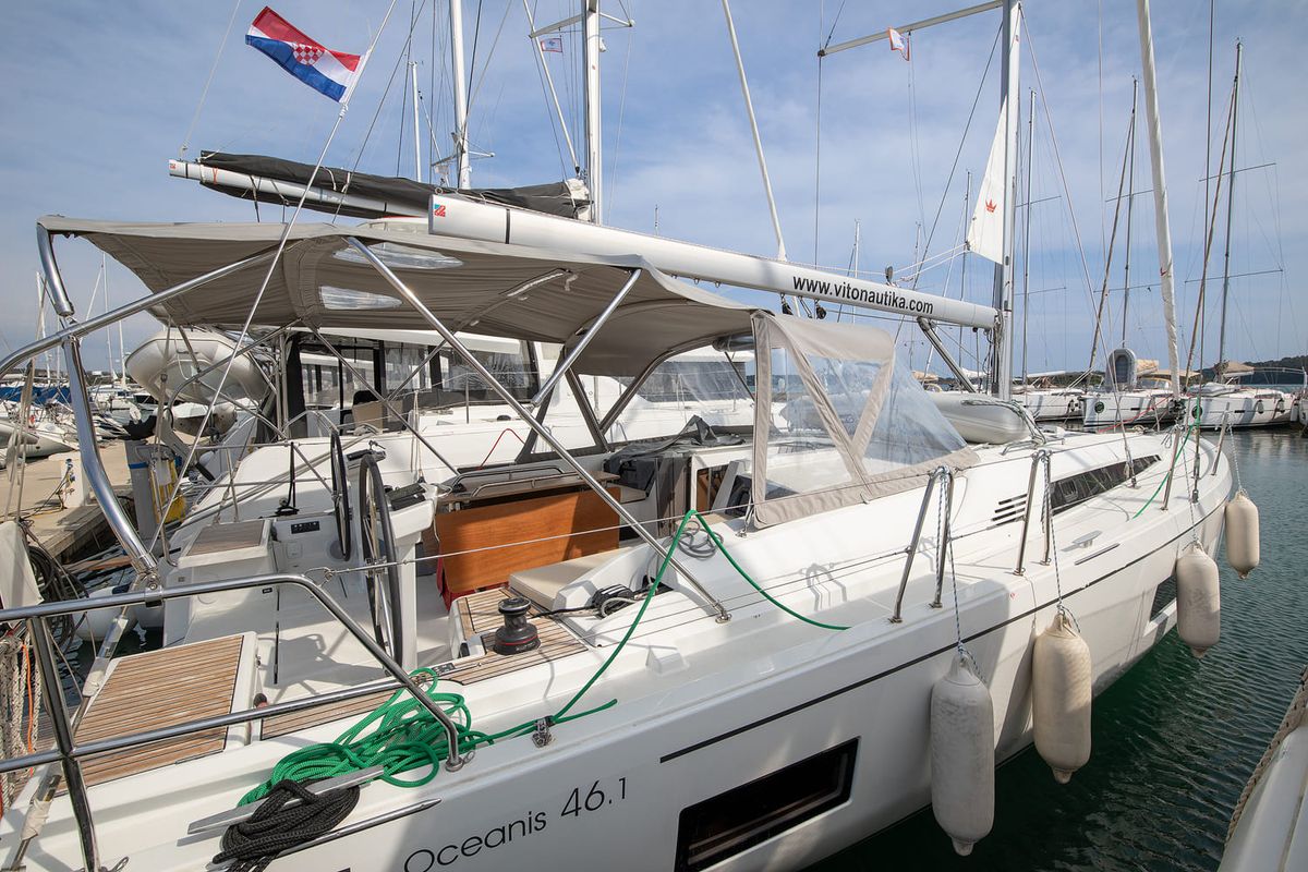 Exterior view of Pura Vida, a Beneteau Oceanis 46.1 sailboat at Općina Medulin, Croatia