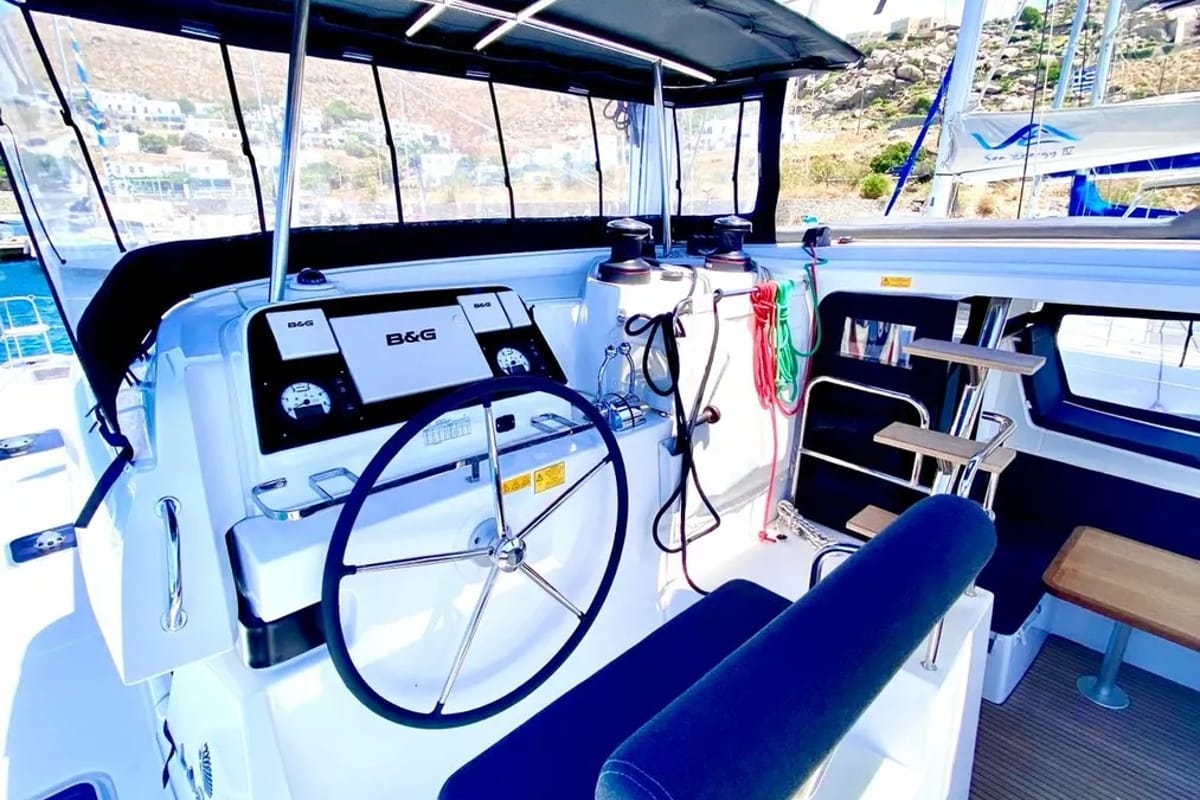Cockpit of Melina, a Lagoon 42 catamaran at Pallini Municipal Unit, Greece