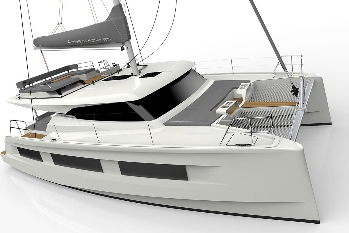 Exterior view of Le Villi, a Aventura Catamarans Aventura 45 catamaran at Sant Antoni de Portmany, Spain