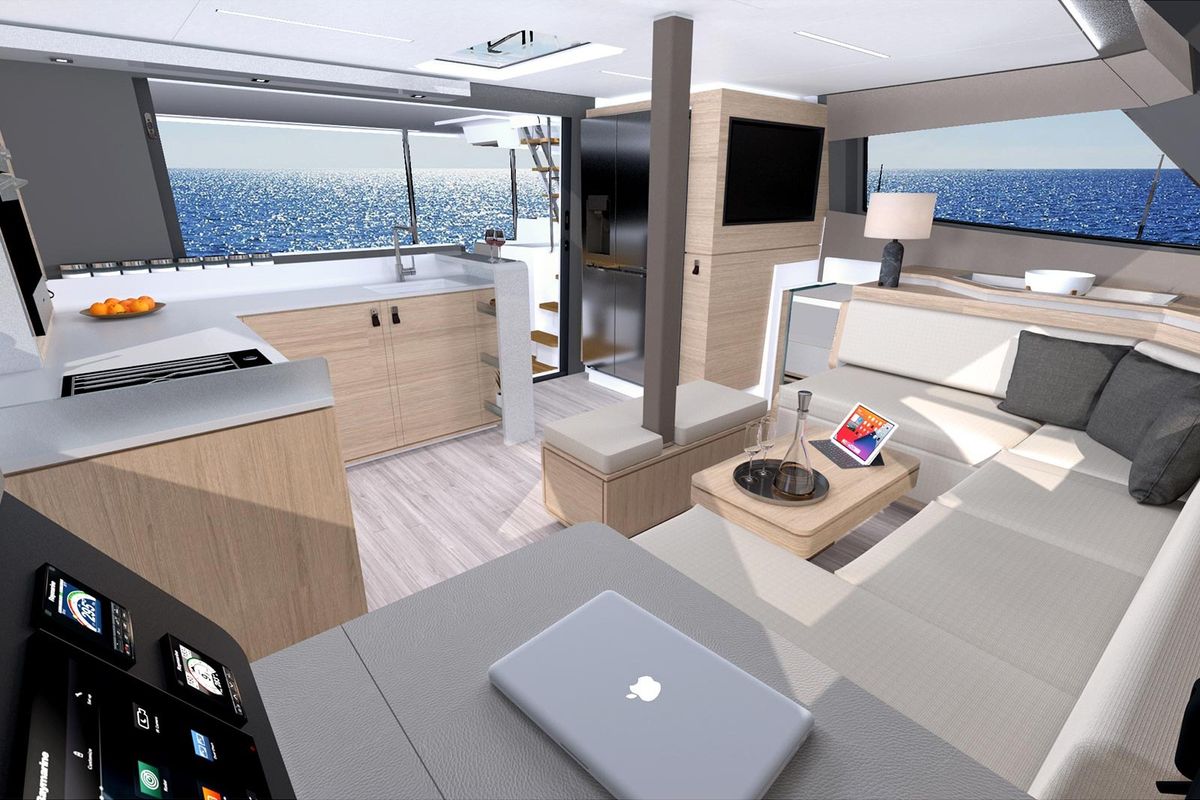 Salon of Le Villi, a Aventura Catamarans Aventura 45 catamaran at Sant Antoni de Portmany, Spain